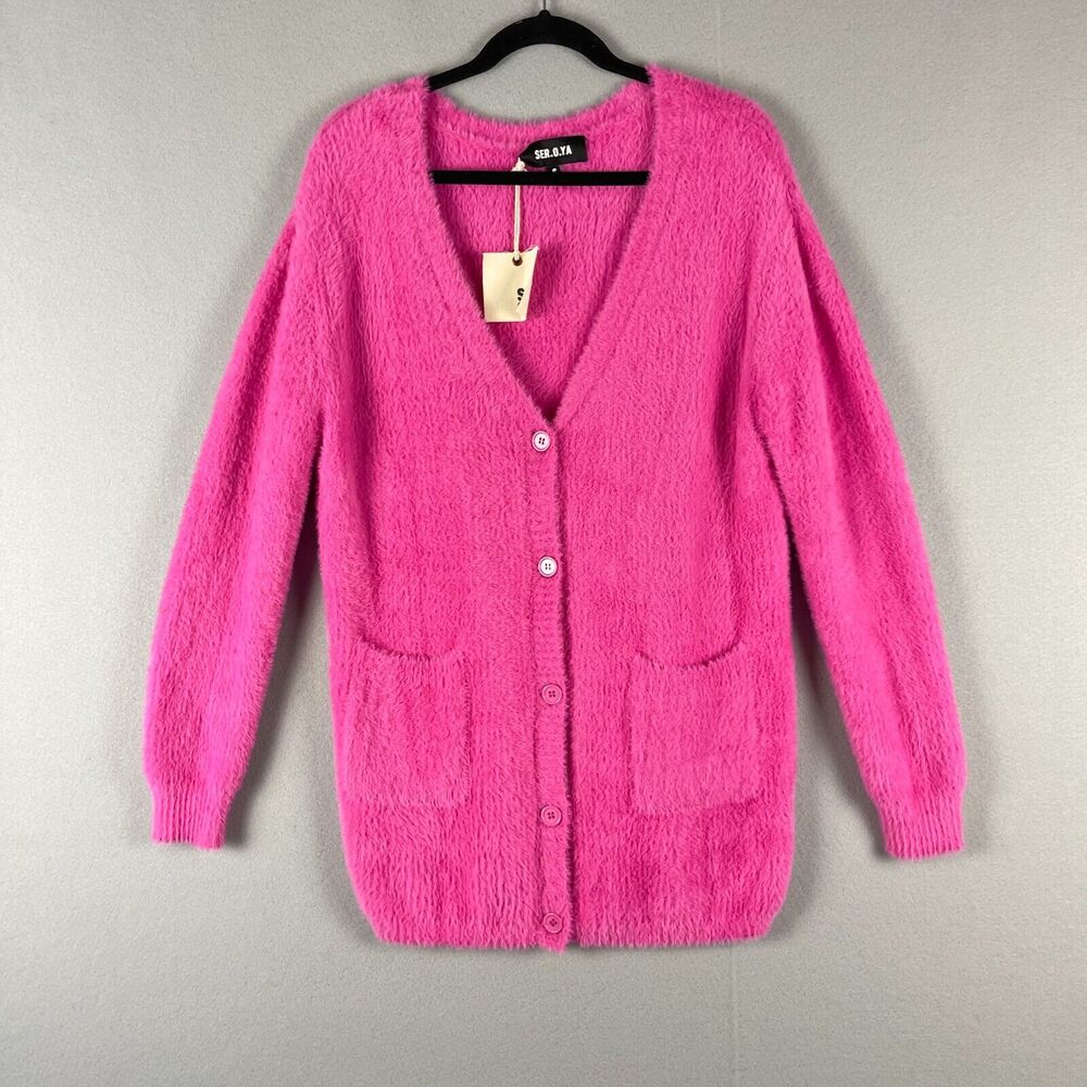 Ser.O.Ya Jordyn Long Cardigan Sweater Womens Small Hot Pink Fuzzy Soft Relax NWT